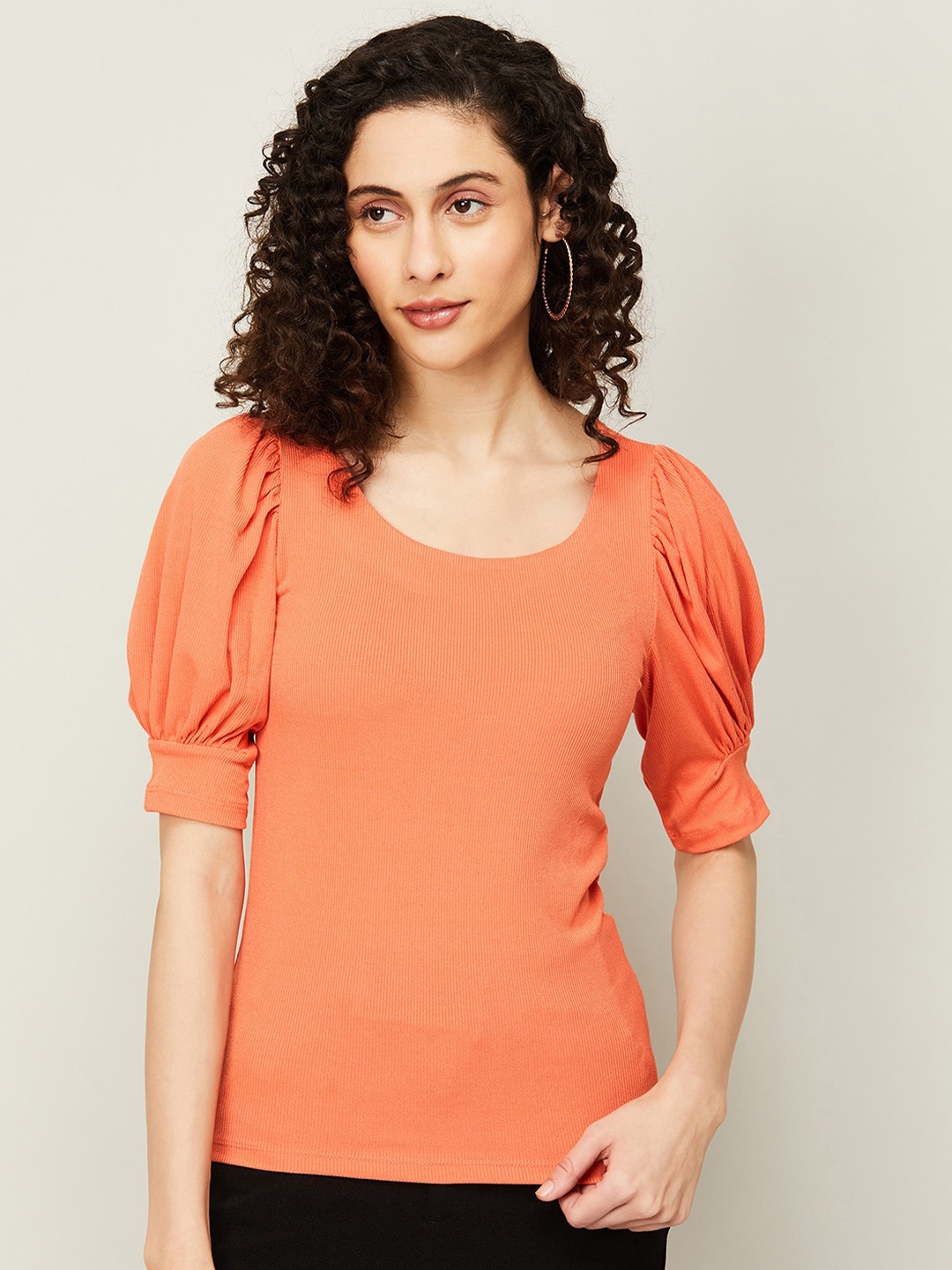 

CODE by Lifestyle Puffed Sleeves Scoop Neck Regular Top, Orange