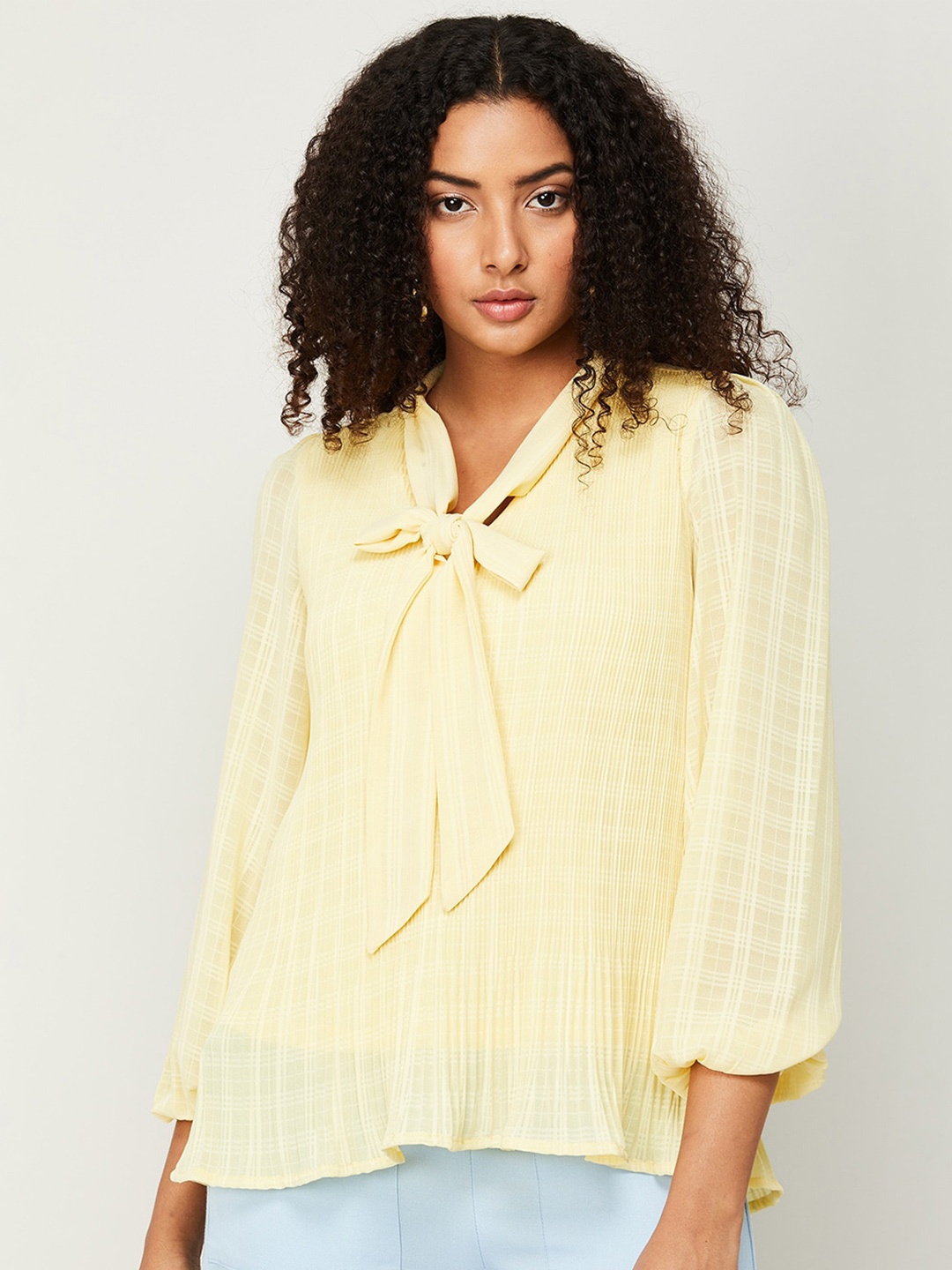 

CODE by Lifestyle Checked Tie-Up Neck Puff Sleeves Top, Yellow