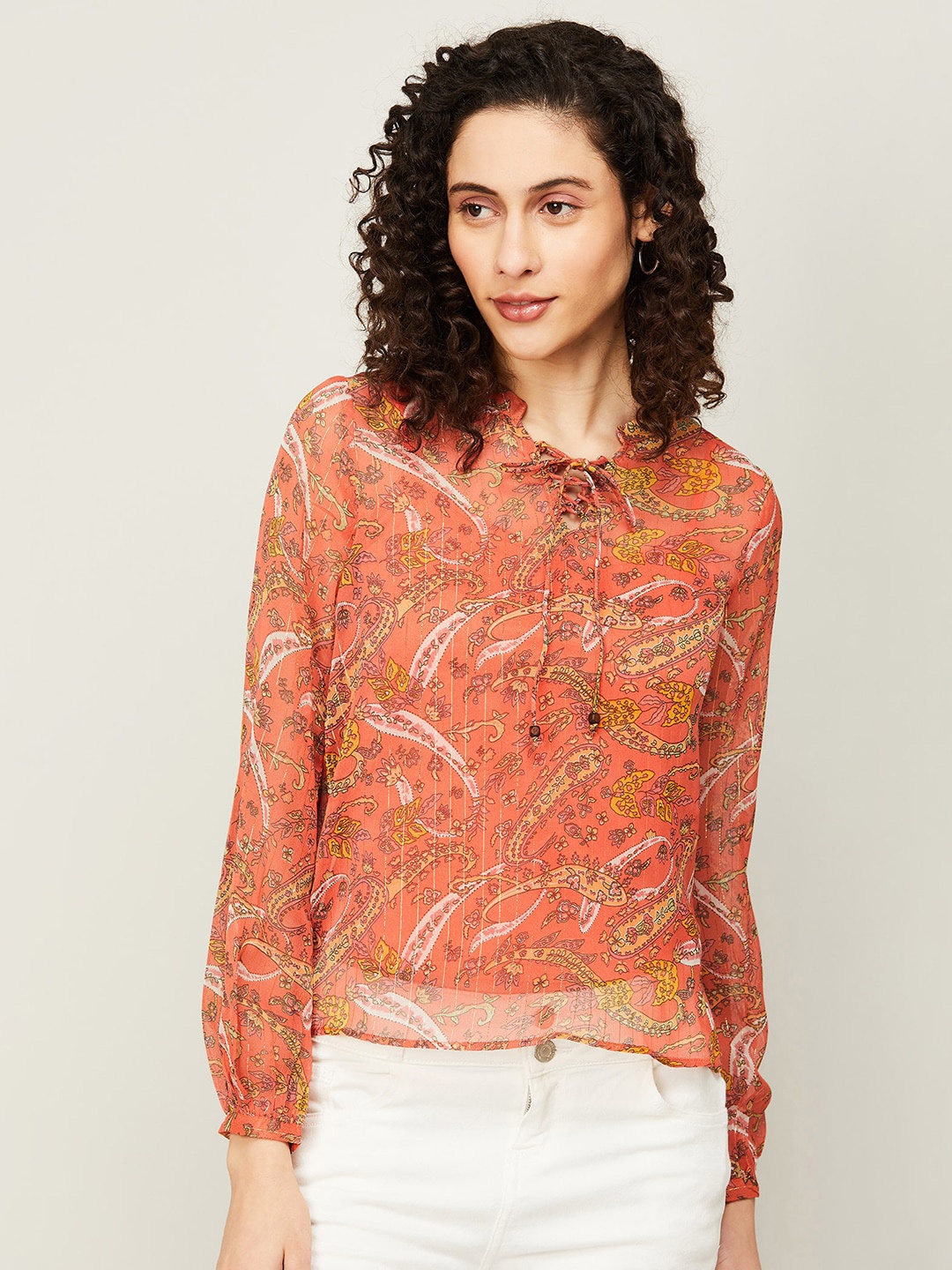 

Fame Forever by Lifestyle Ethnic Motif Printed Tie-Up Neck Top, Orange