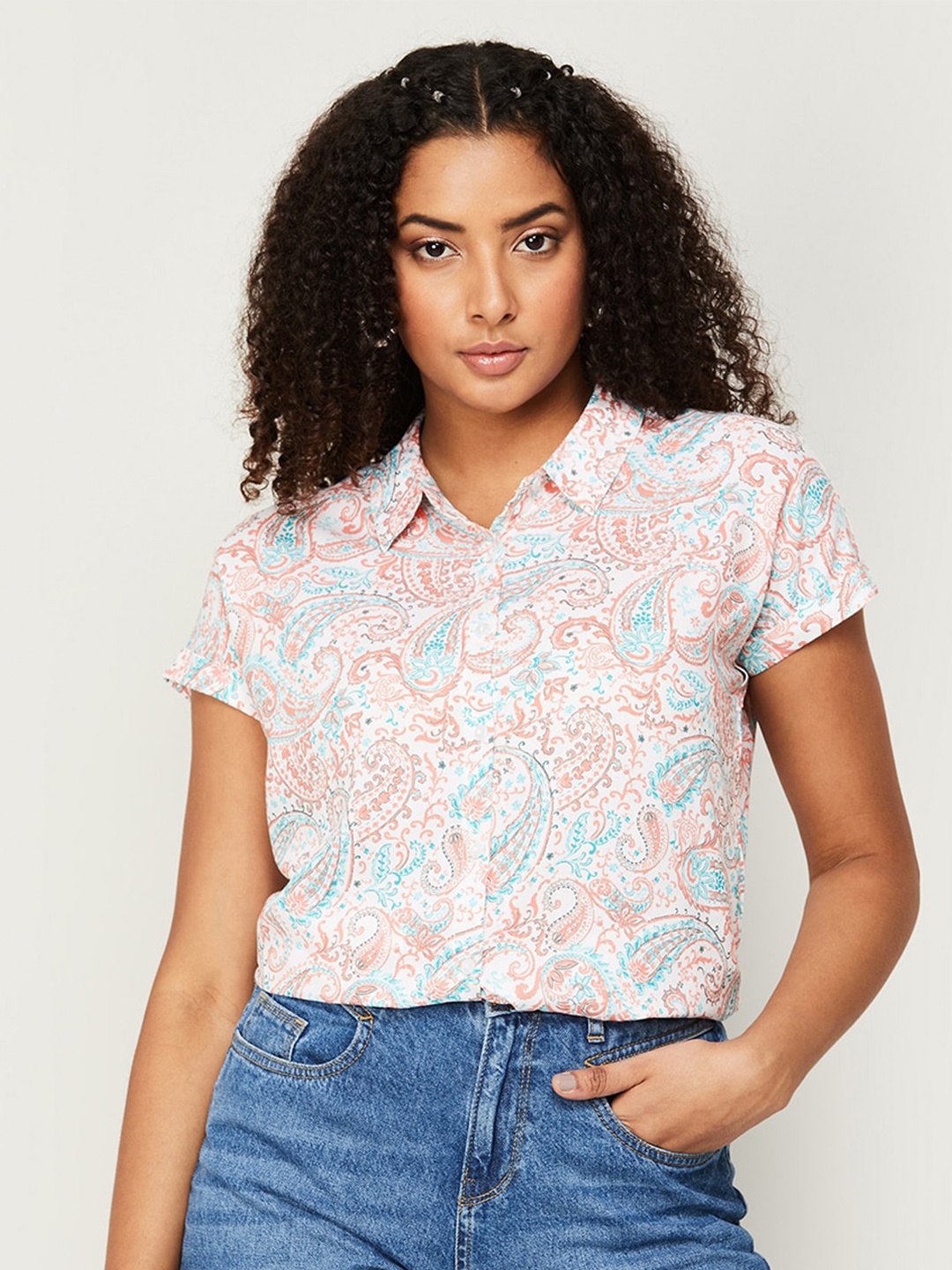 

Fame Forever by Lifestyle Ethnic Motif Printed Shirt Style Top, Off white