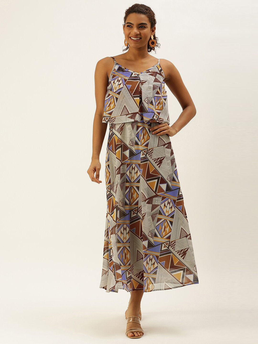 

Sangria Geometric Printed Layered Detail A-Line Dress, Grey