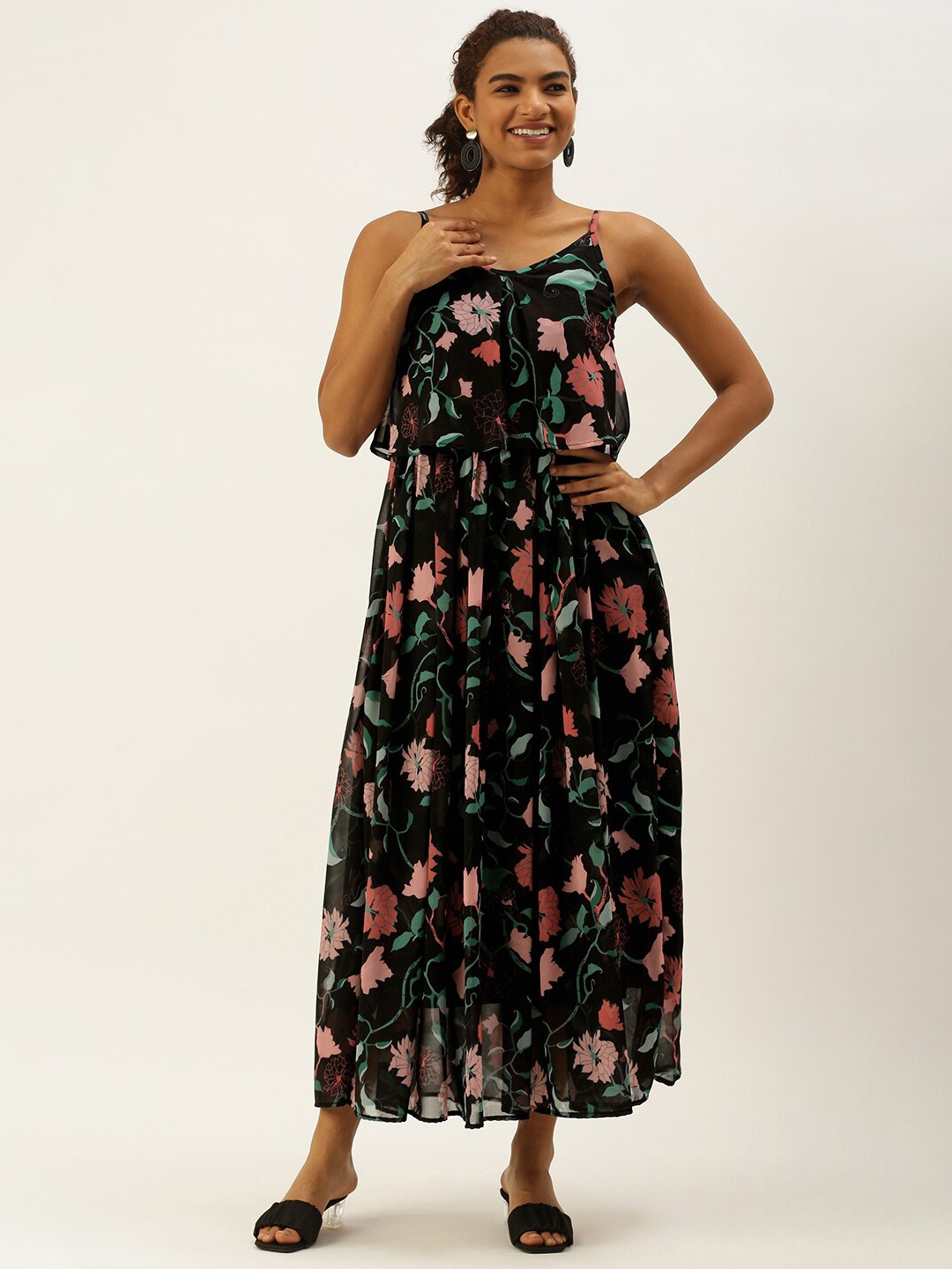 

Sangria Floral Printed Layered Maxi Fit & Flared Dress, Black