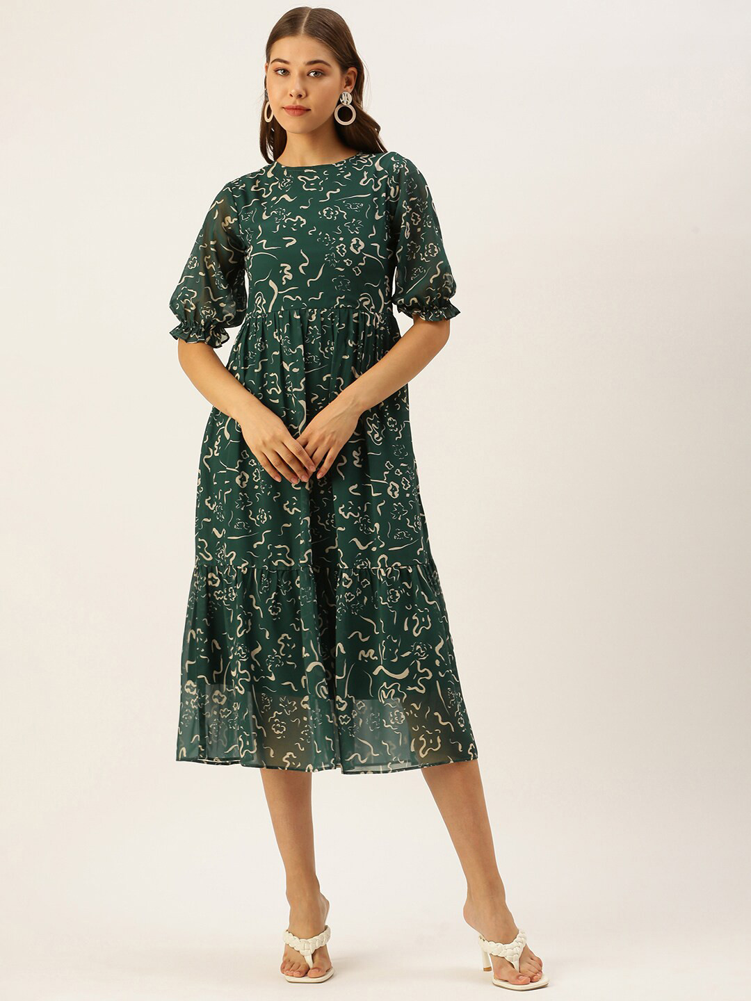 

Sangria Abstract Printed Puff Sleeves Tiered Fit & Flare Dress, Green
