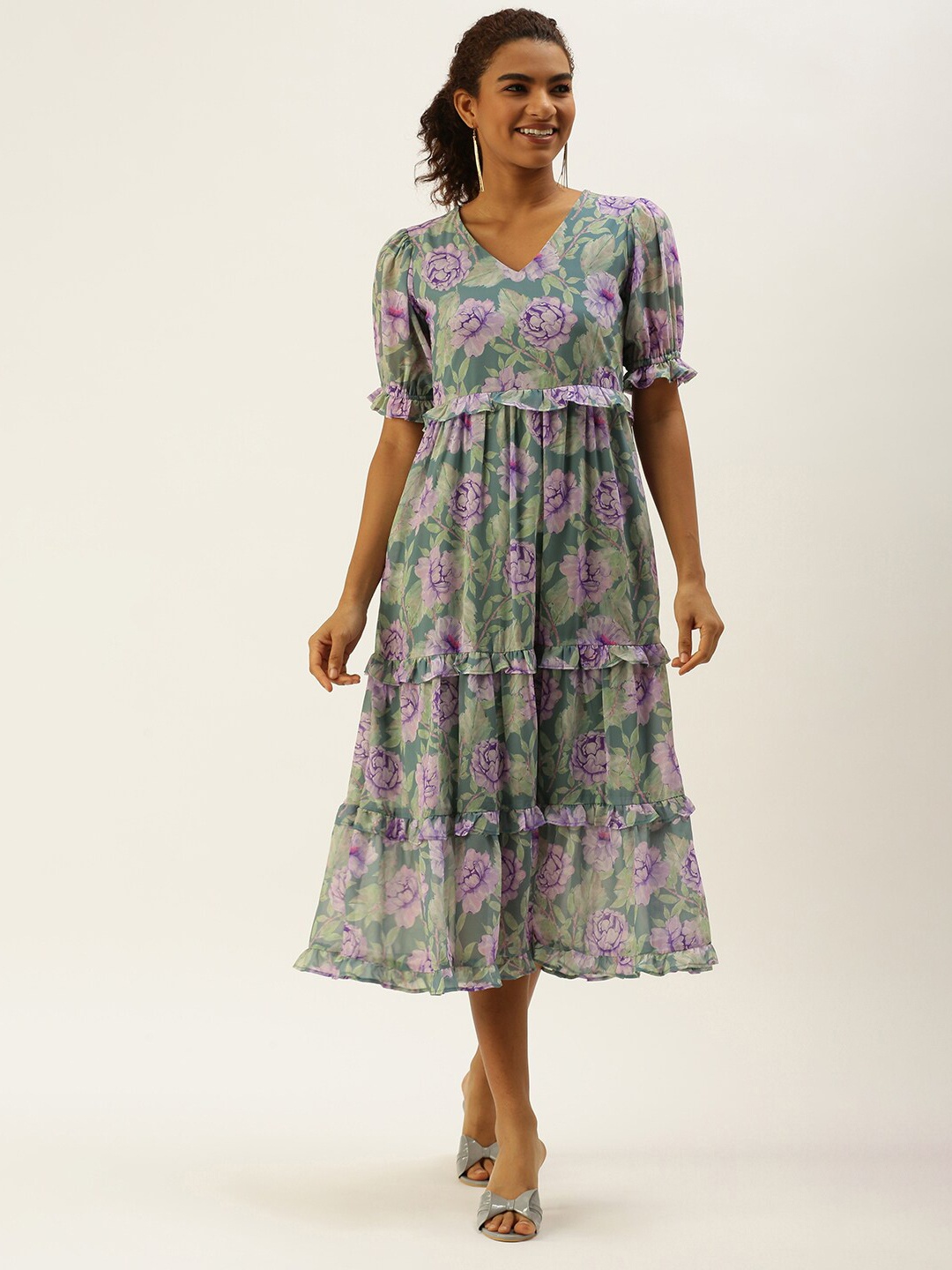 

Sangria Floral Printed Puff Sleeves V-Neck Ruffled Tiered Fit & Flare Dress, Lavender