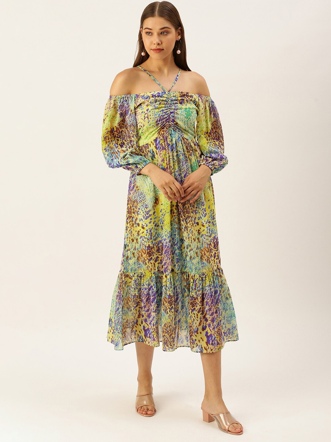

Sangria Abstract Printed Ruched Puff Sleeves Flounce Fit & Flare Dress, Yellow