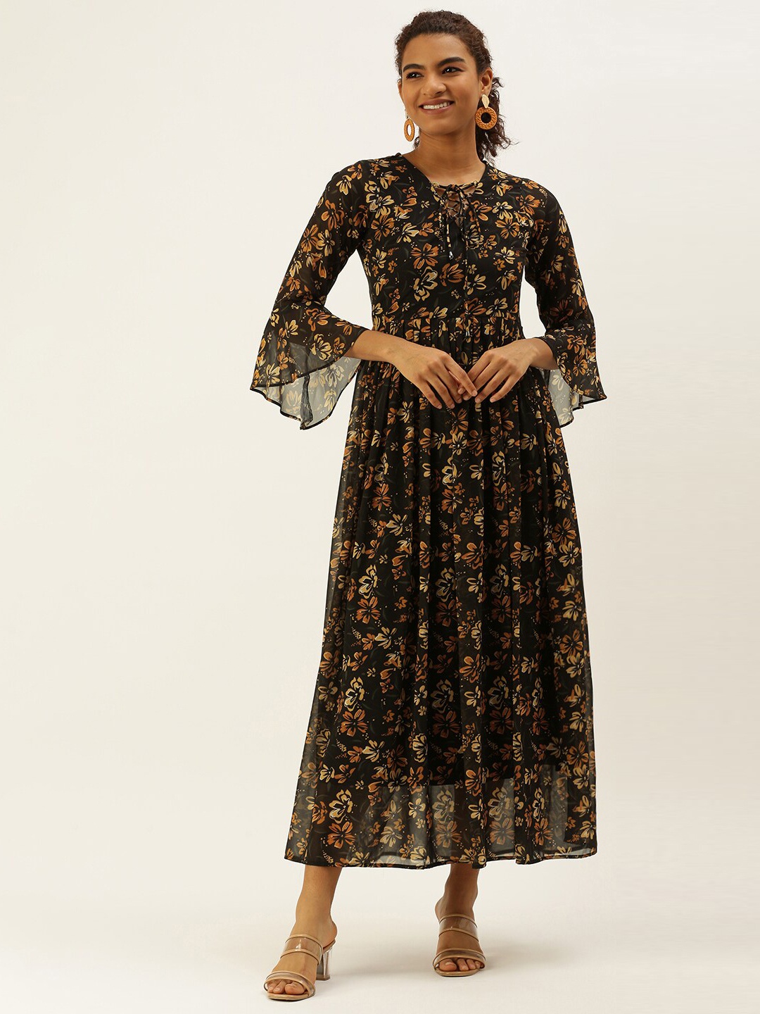 

Sangria Floral Printed Tie-Up Neck Bell Sleeves Maxi Fit & Flared Dress, Black