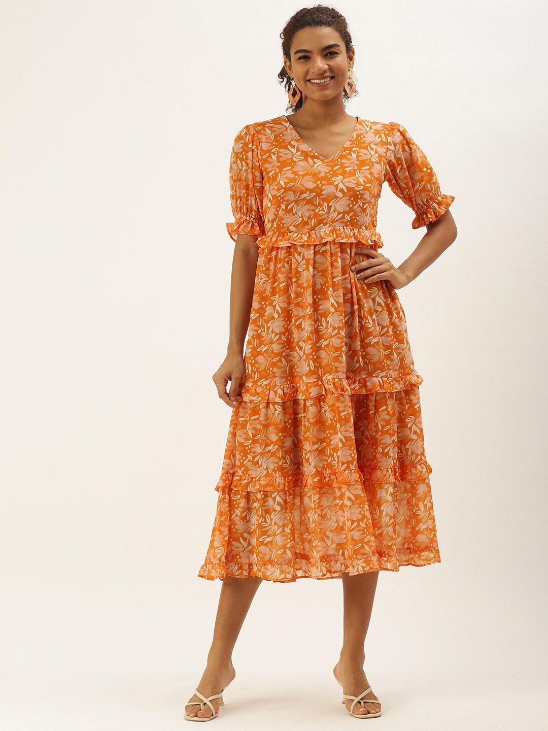 

Sangria Floral Printed Puff Sleeves V-Neck Ruffled Tiered Fit & Flare Dress, Orange