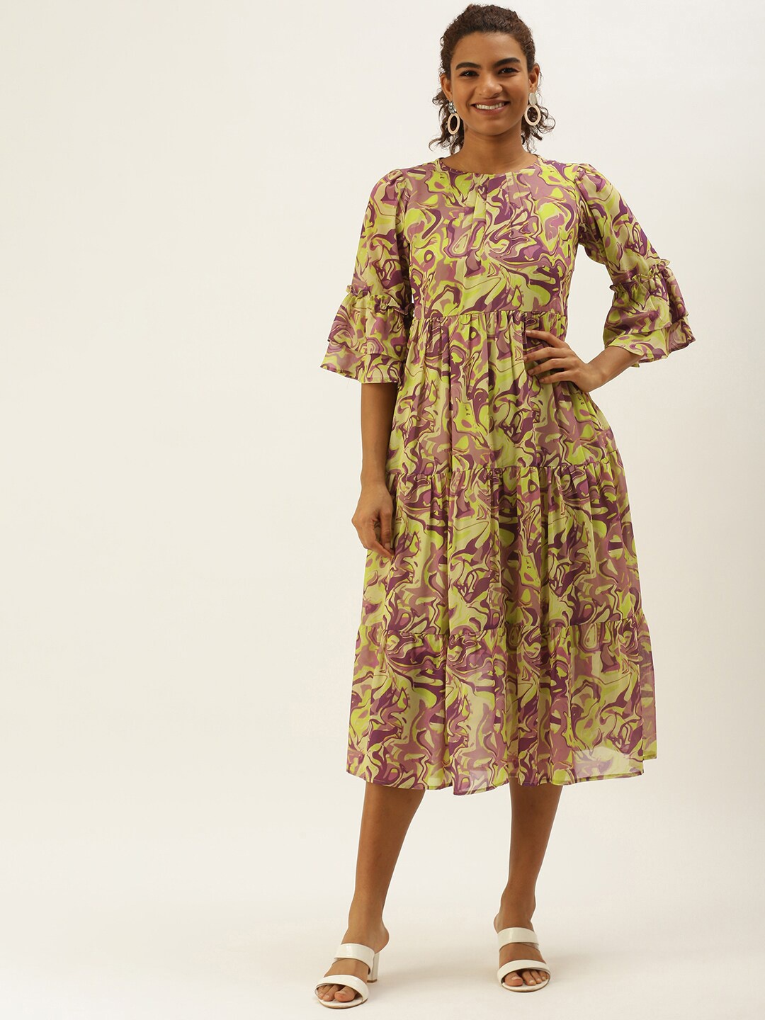 

Sangria Abstract Printed Bell Sleeves Tiered Midi Fit & Flared Dress, Yellow