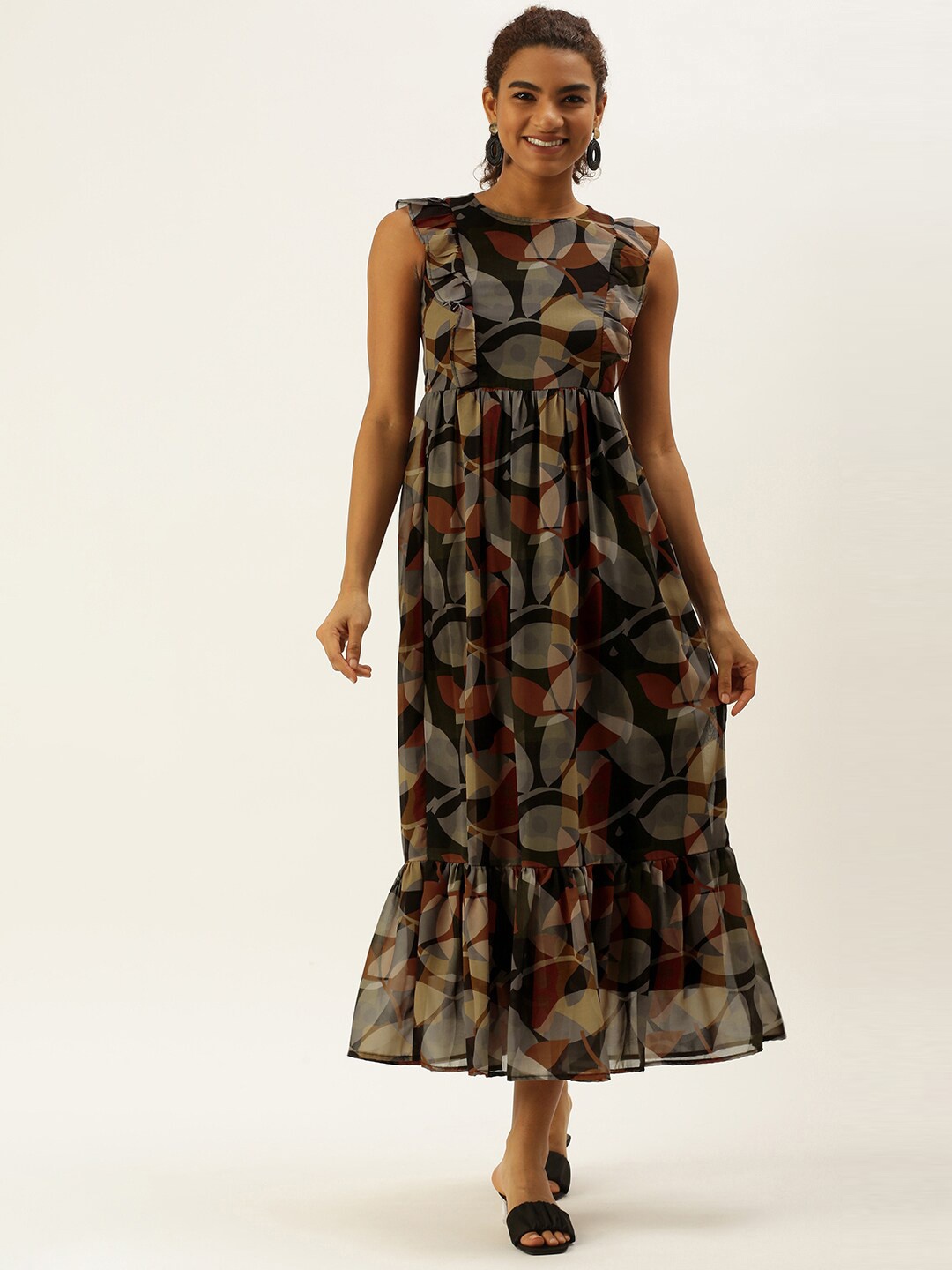 

Sangria Floral Printed Ruffled Flounce Midi Fit & Flared Dress, Black