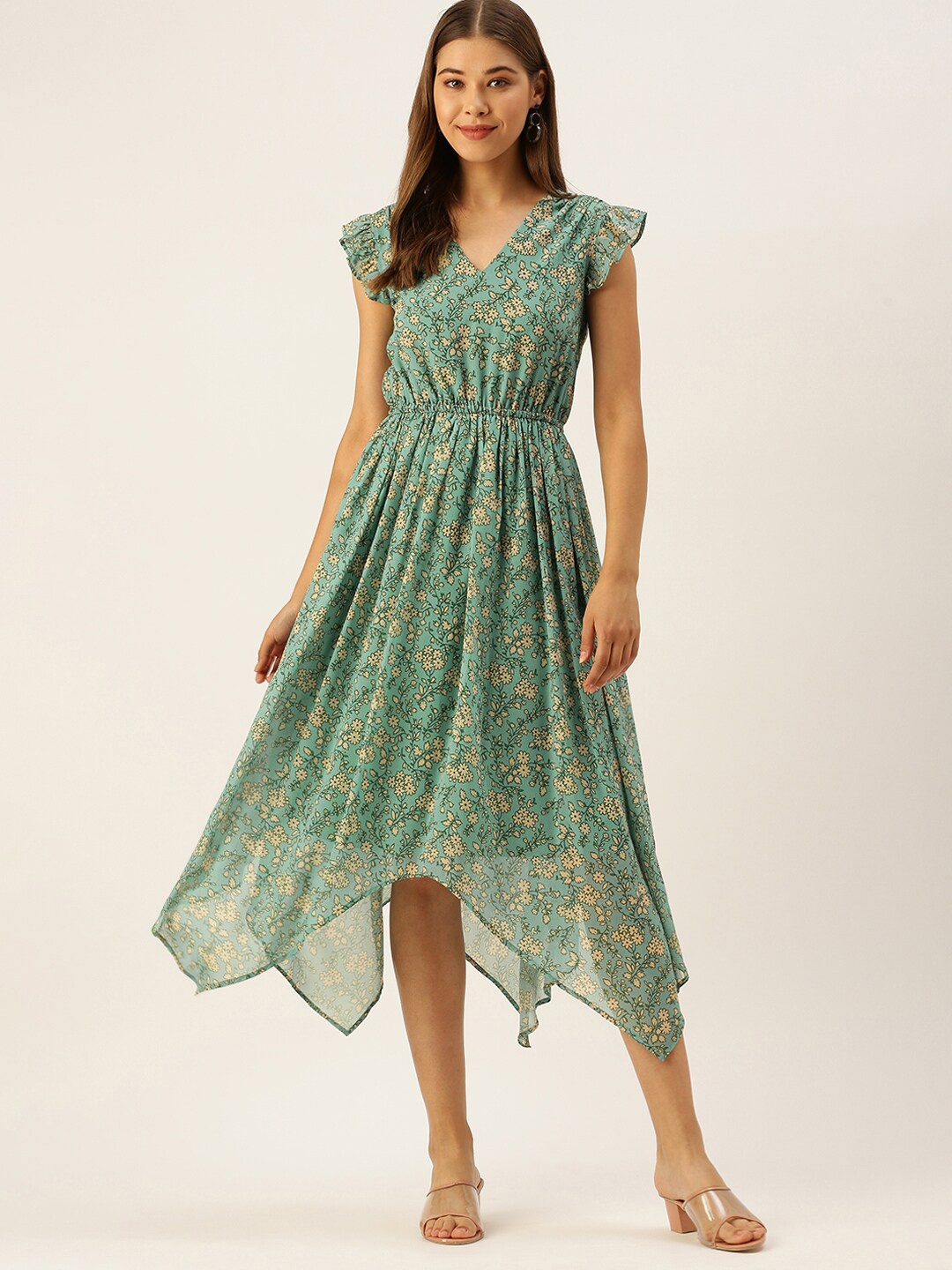 

Sangria Floral Printed A-Line Shaped Asymmetric Hem Dress, Turquoise blue