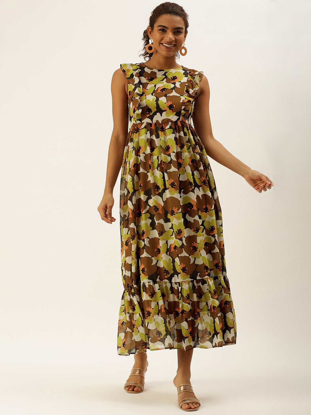 

Sangria Ruffles Floral Printed Fit & Flared Midi Dress, Cream