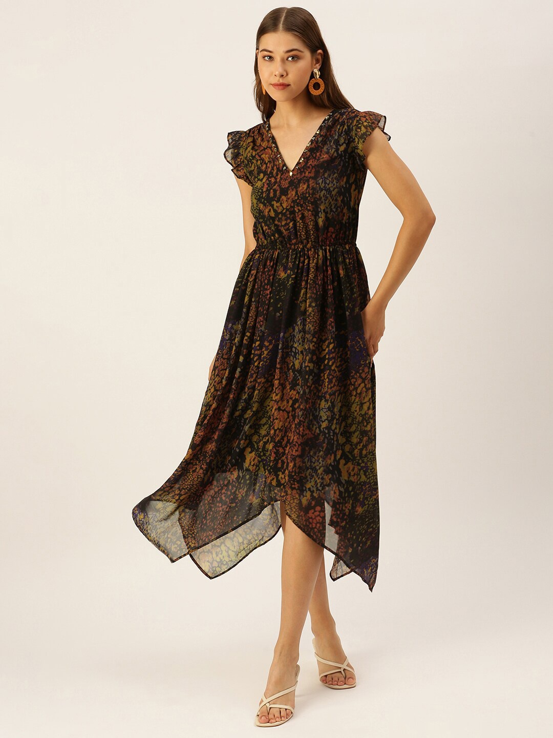 

Sangria Asymmetric Floral Printed Fit & Flared Midi Dress, Black