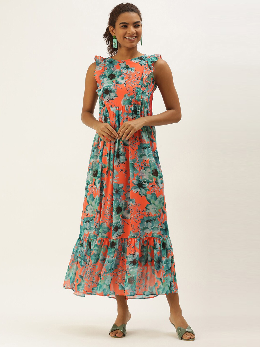 

Sangria Ruffles Floral Printed Fit & Flared Midi Dress, Orange