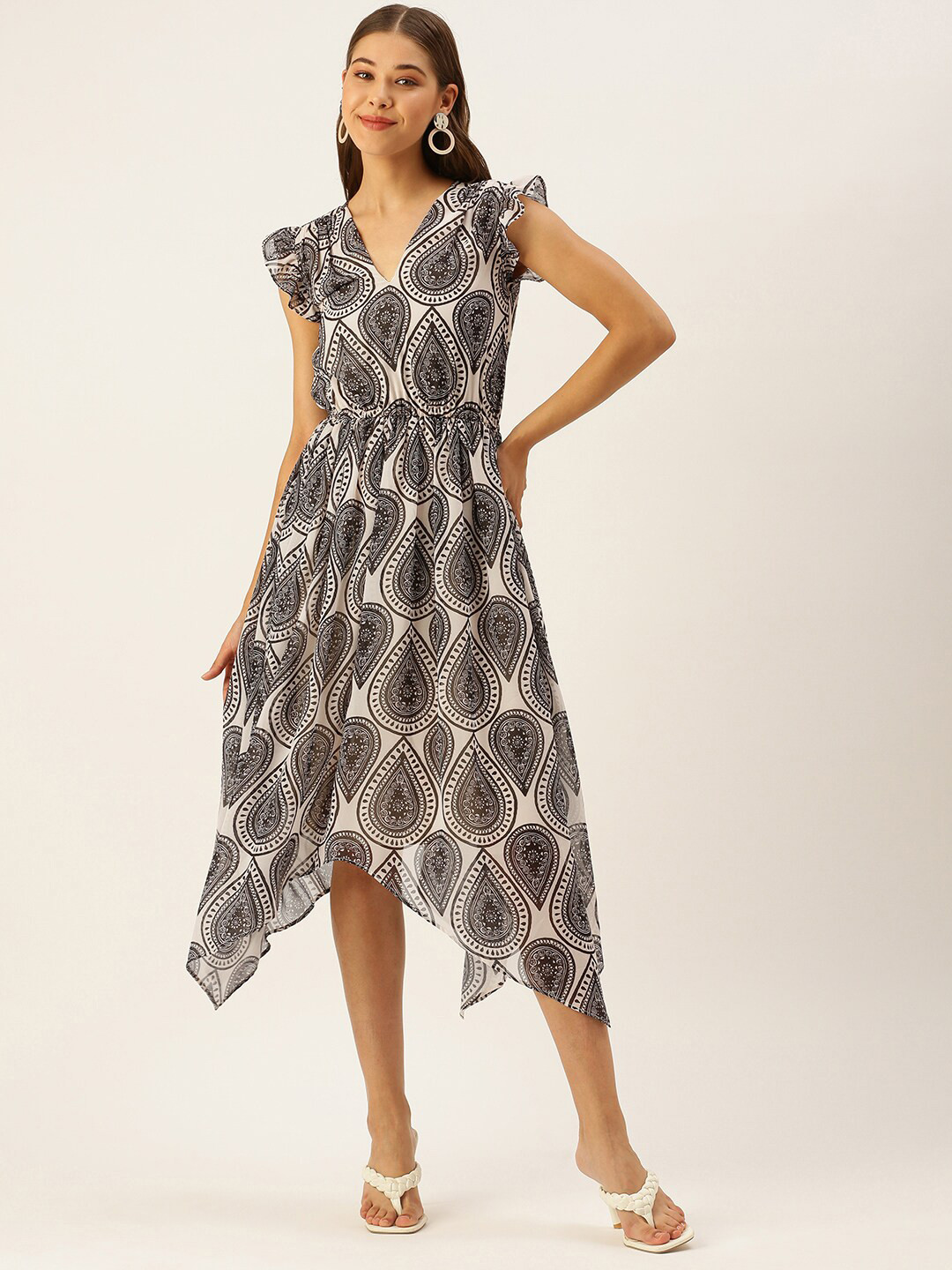

Sangria Ethnic Motif Printed Fit & Flare Shaped Asymmetric Hem Midi Dress, White