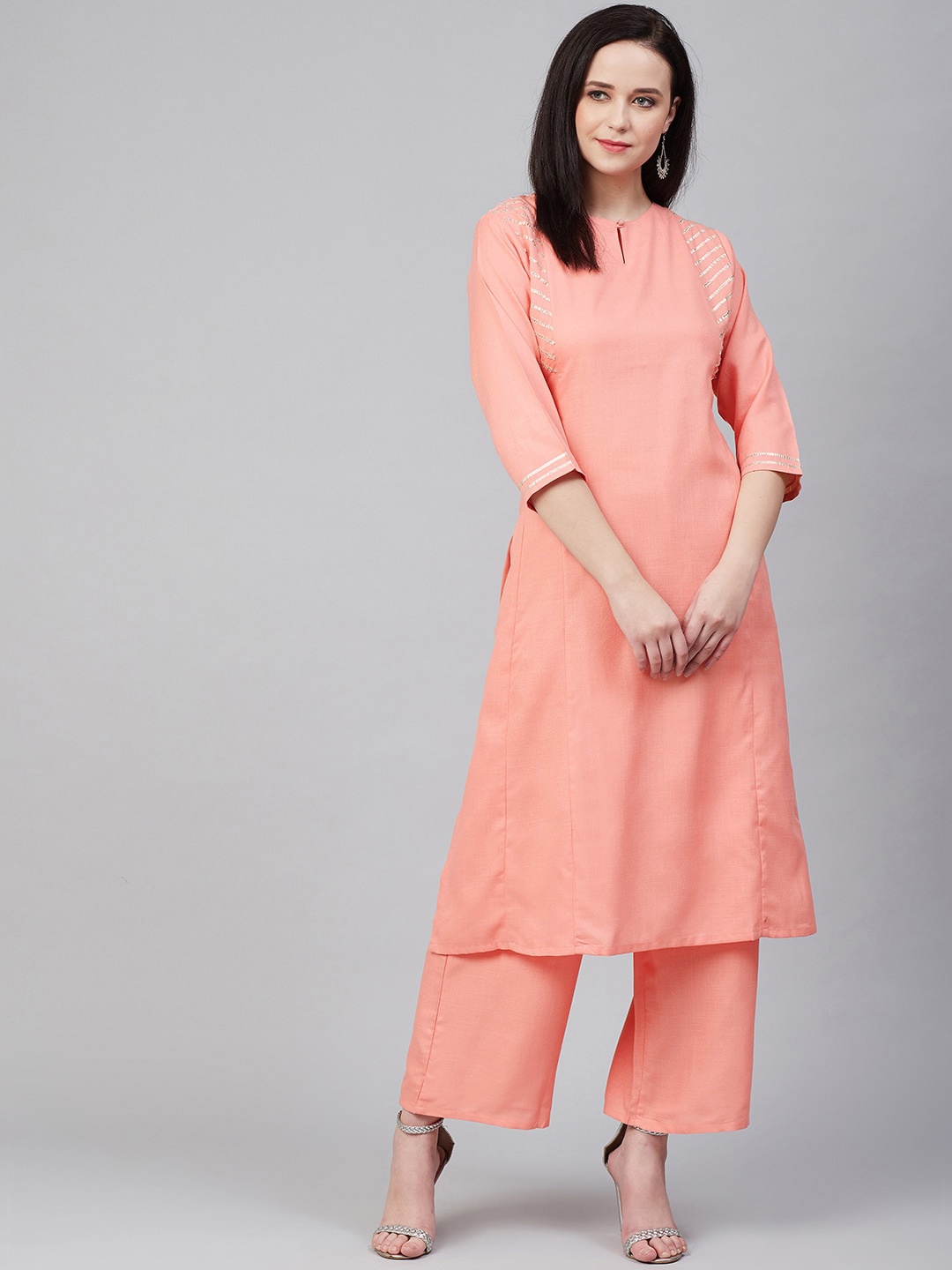 

Bhama Couture Panelled Gotta Patti Kurta With Palazzos, Peach