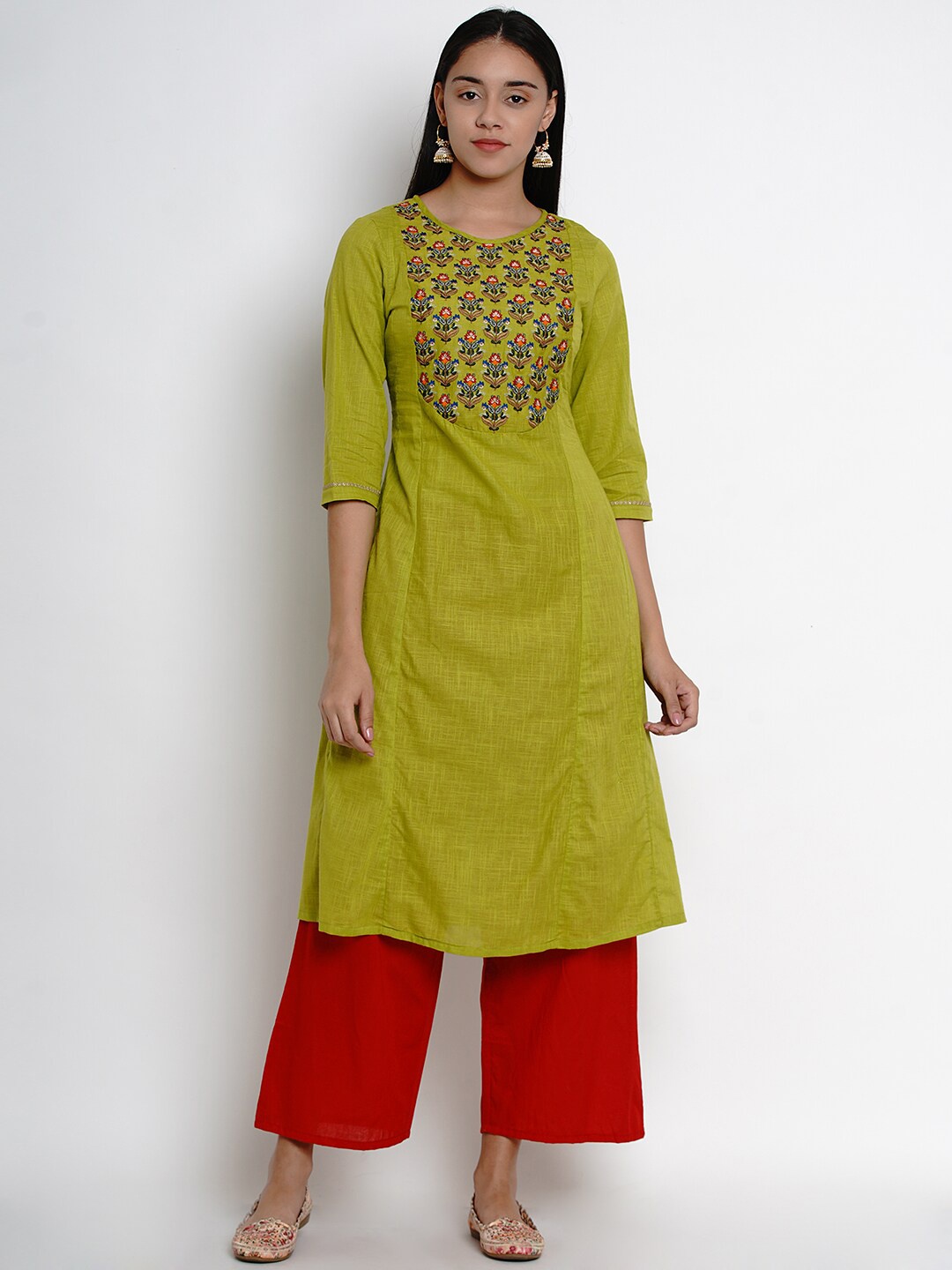 

Bhama Couture Yoke Design Panelled Thread Work Kurta With Palazzos, Green