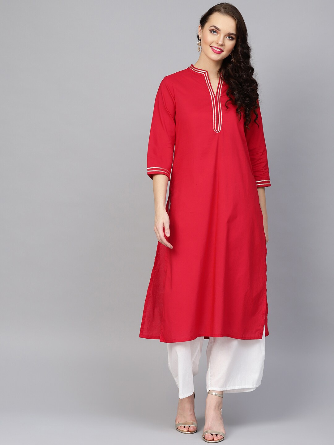 

Bhama Couture Mandarin Collar Gotta Patti Kurta With Palazzos, Red