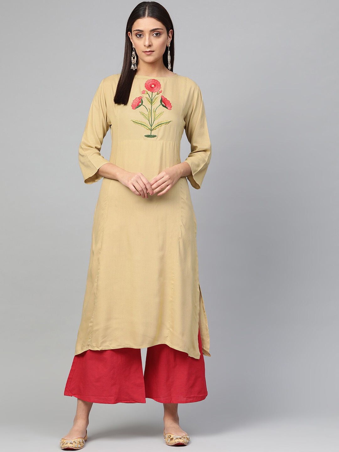 

Bhama Couture Floral Embroidered Kurta With Palazzos, Beige