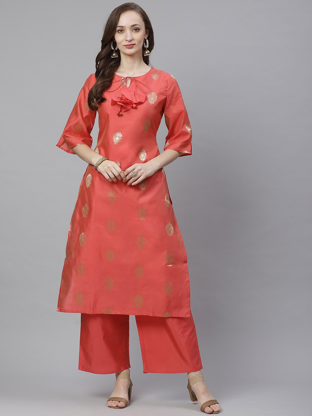 

Bhama Couture Ethnic Motifs Woven Design Tie-Up Neck Kurta with Palazzos, Coral
