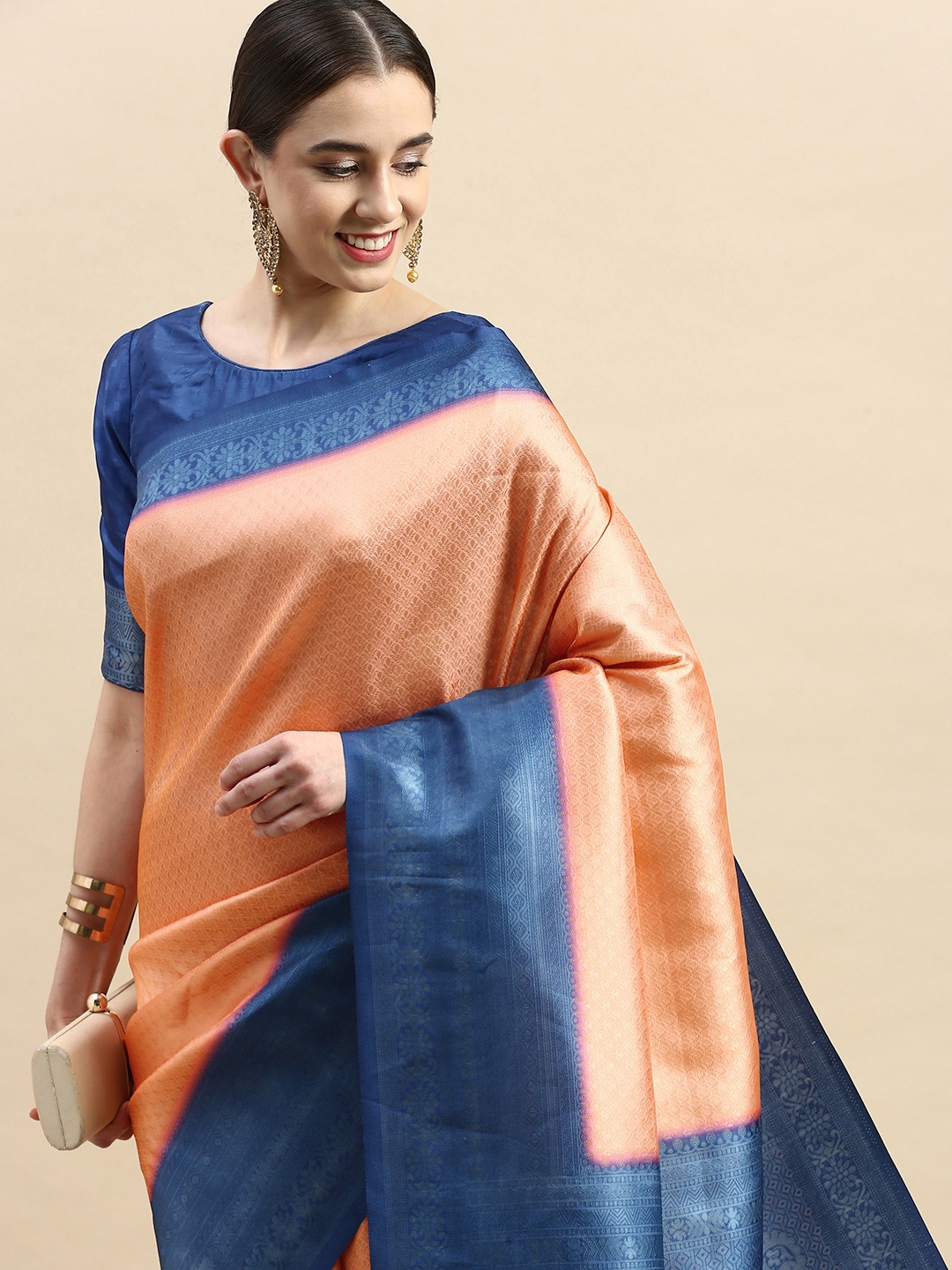

VASTRANAND Ethnic Motifs Zari Silk Blend Banarasi Saree, Peach