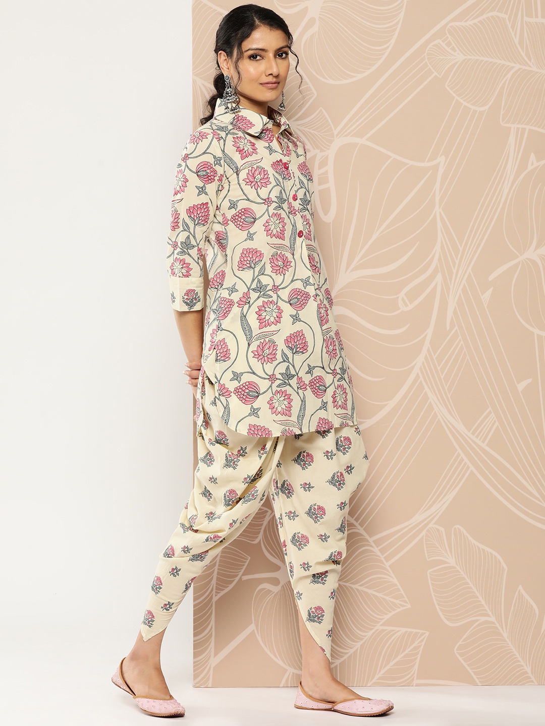 

mokshi Women Ethnic Motifs Printed Pure Cotton Kurti with Dhoti Pants, Cream