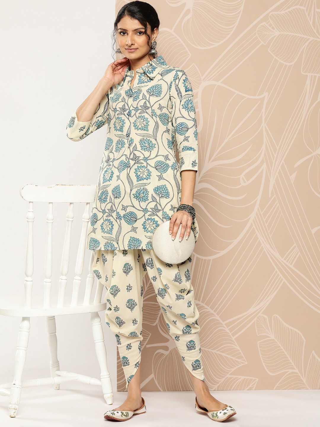 

mokshi Women Ethnic Motifs Printed Pure Cotton Kurti with Dhoti Pants, Cream