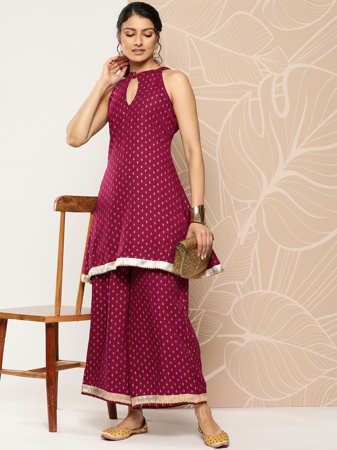 

mokshi Women Ethnic Motifs Printed Kurti with Palazzos, Burgundy