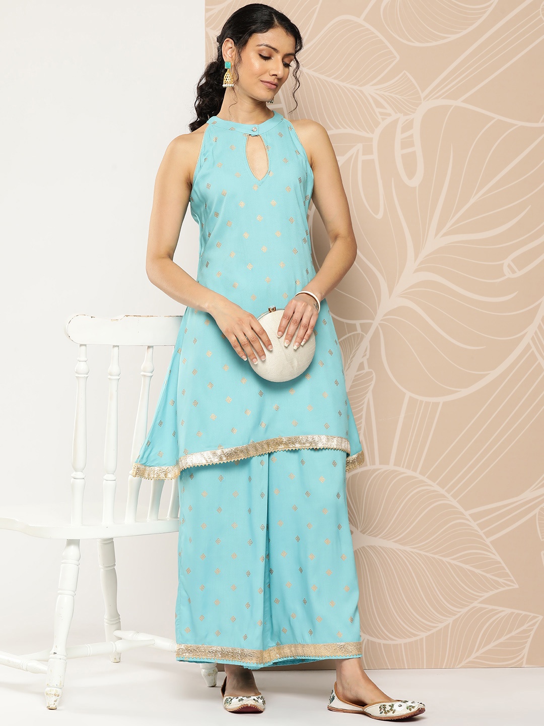 

mokshi Women Ethnic Motifs Printed Kurti with Palazzos, Blue