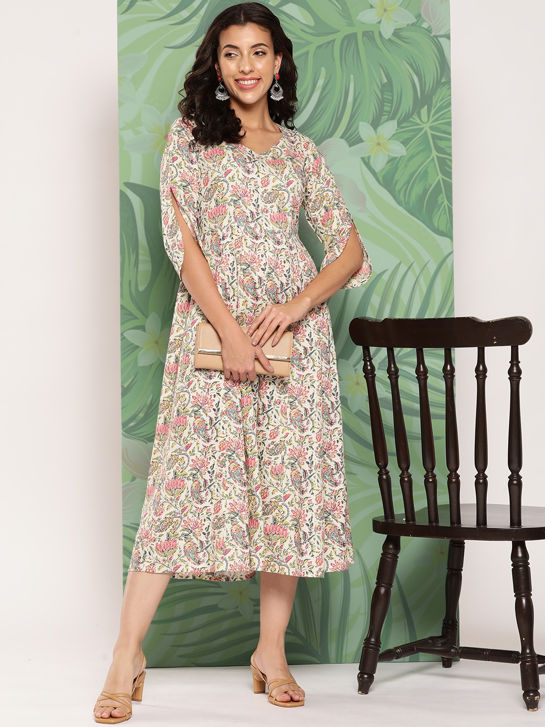 

mokshi Floral A-Line Midi Dress, Beige