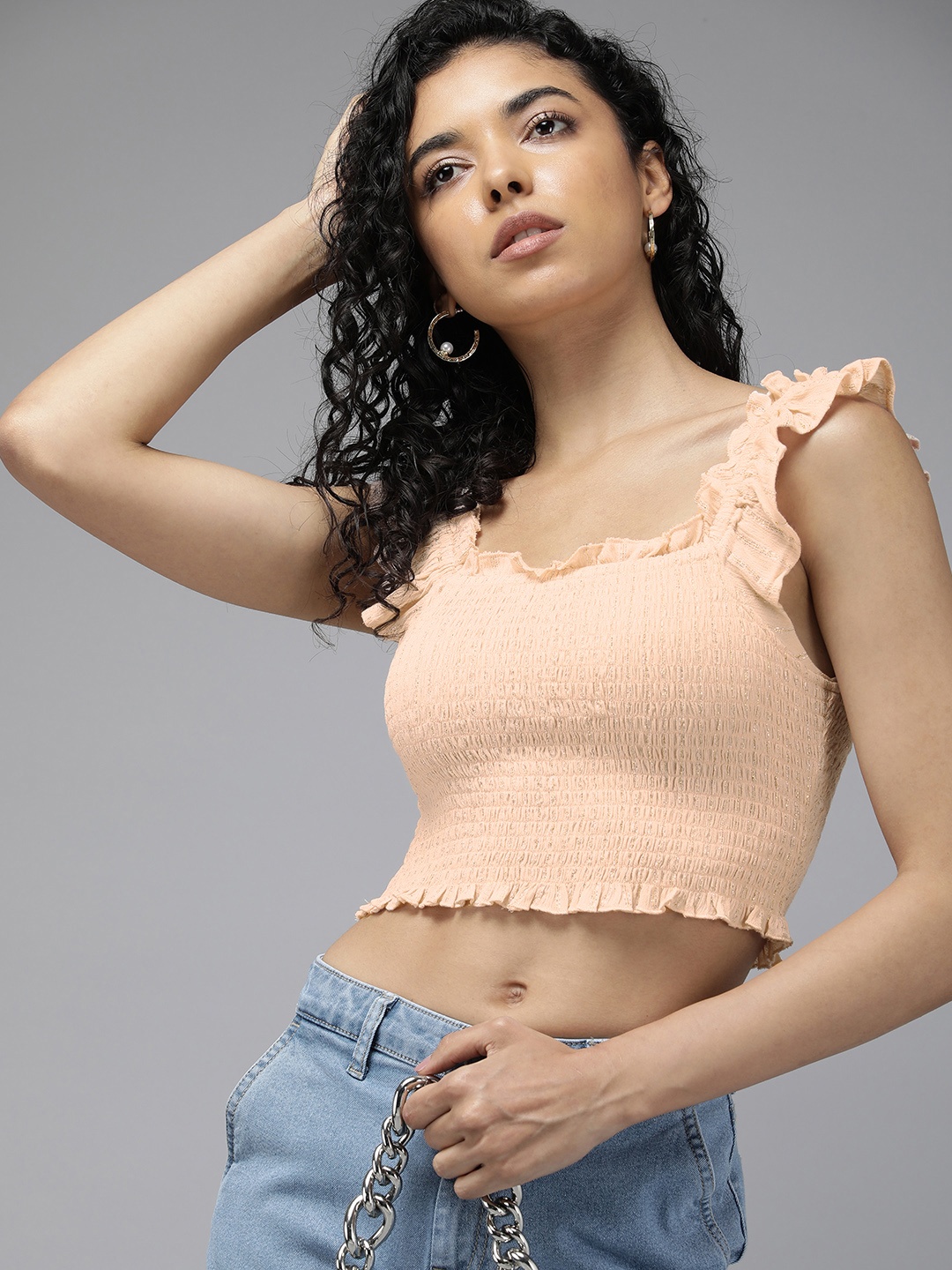 

Roadster Ruffles Smocked Crepe Crop Top, Pink