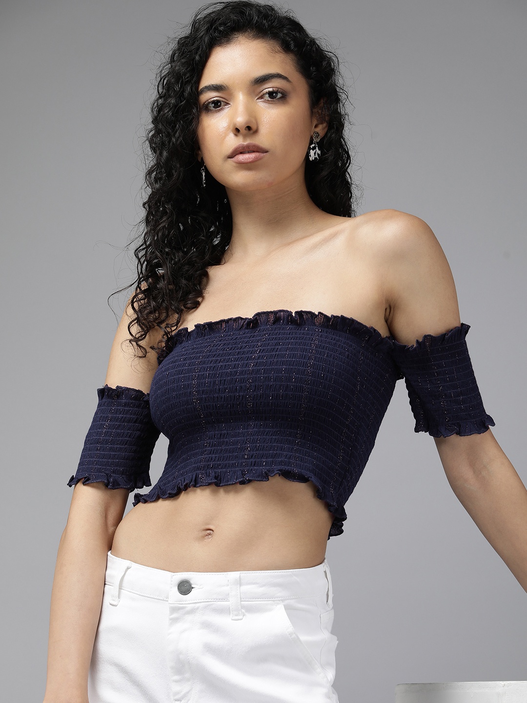 

Roadster Off-Shoulder Smocked Crepe Crop Top, Navy blue
