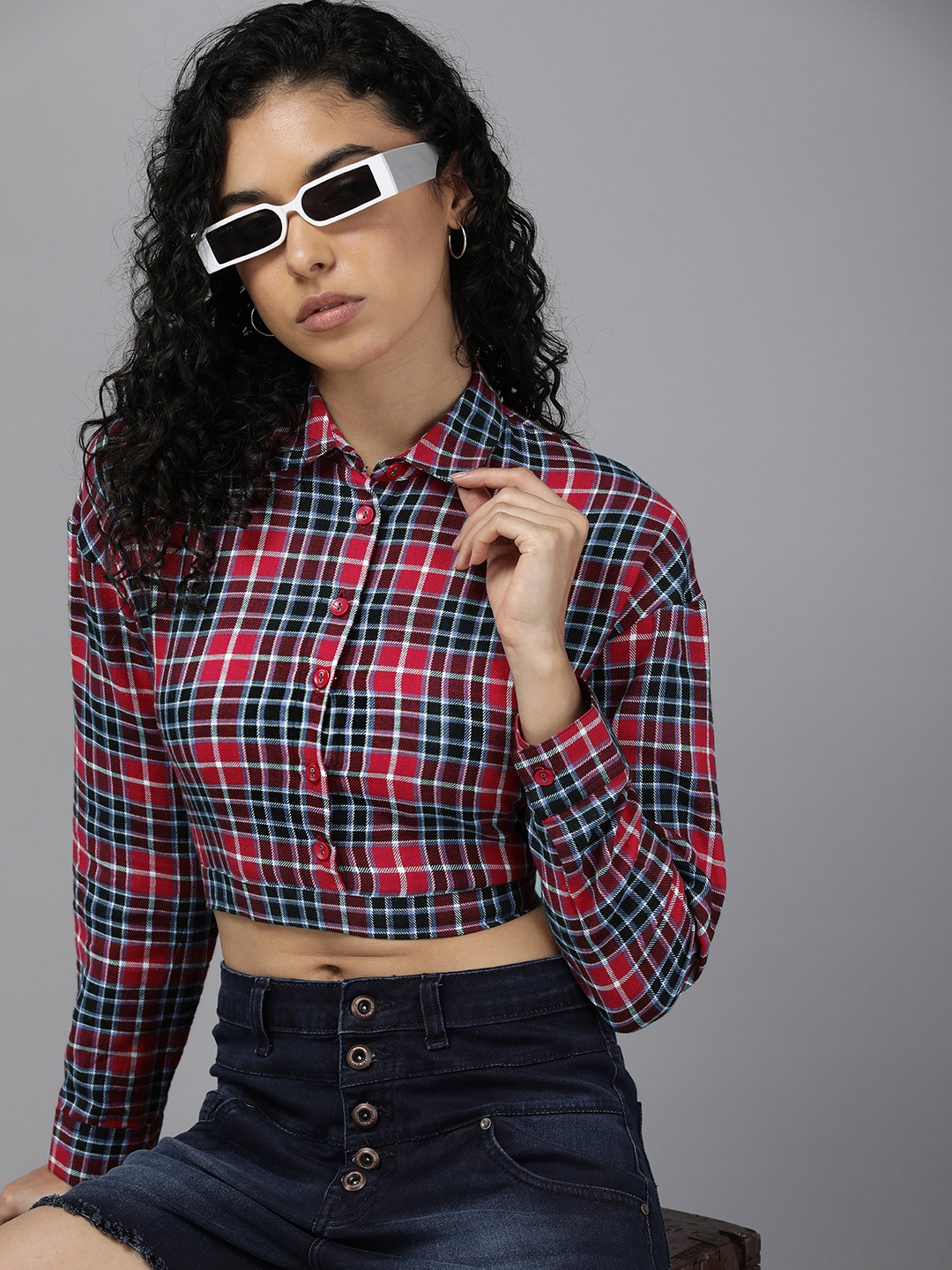 

Roadster Checked Cotton Shirt Style Crop Top, Multi