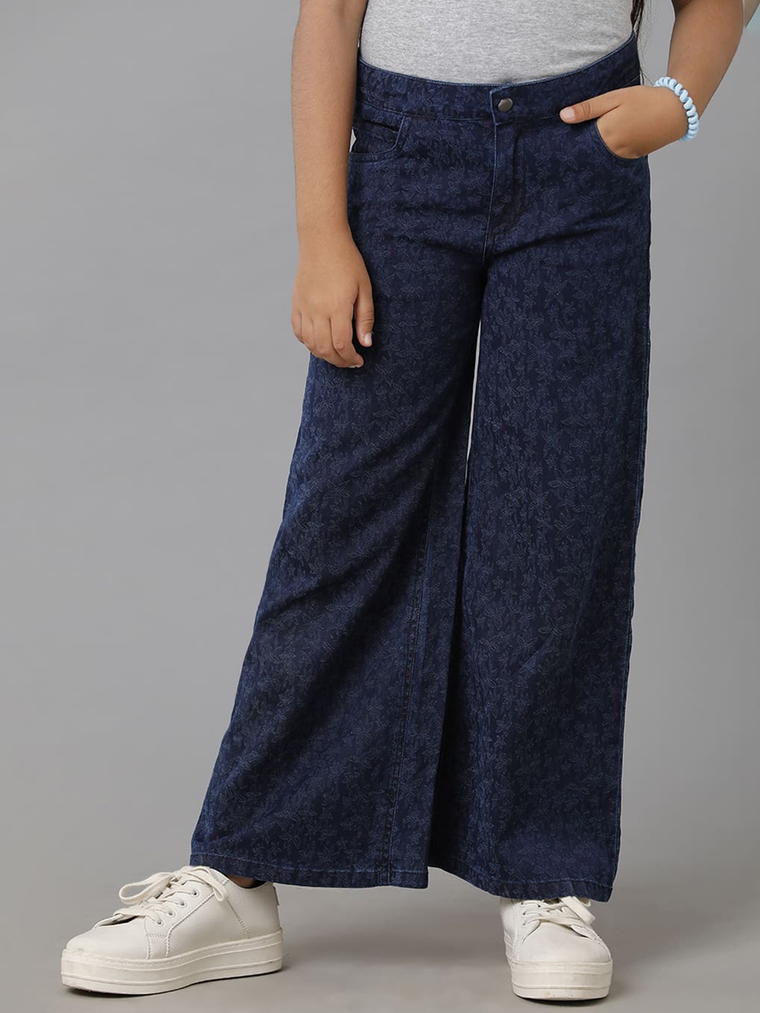 

UNDER FOURTEEN ONLY Girls Printed Cotton Flared Jeans, Navy blue