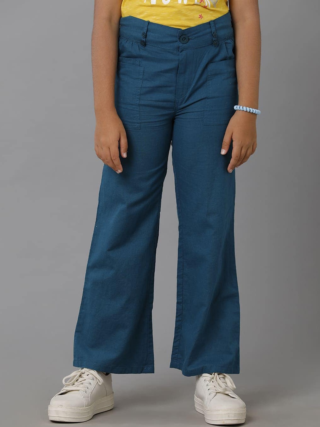 

UNDER FOURTEEN ONLY Girls Flared Mid-Rise Cotton Trousers, Blue