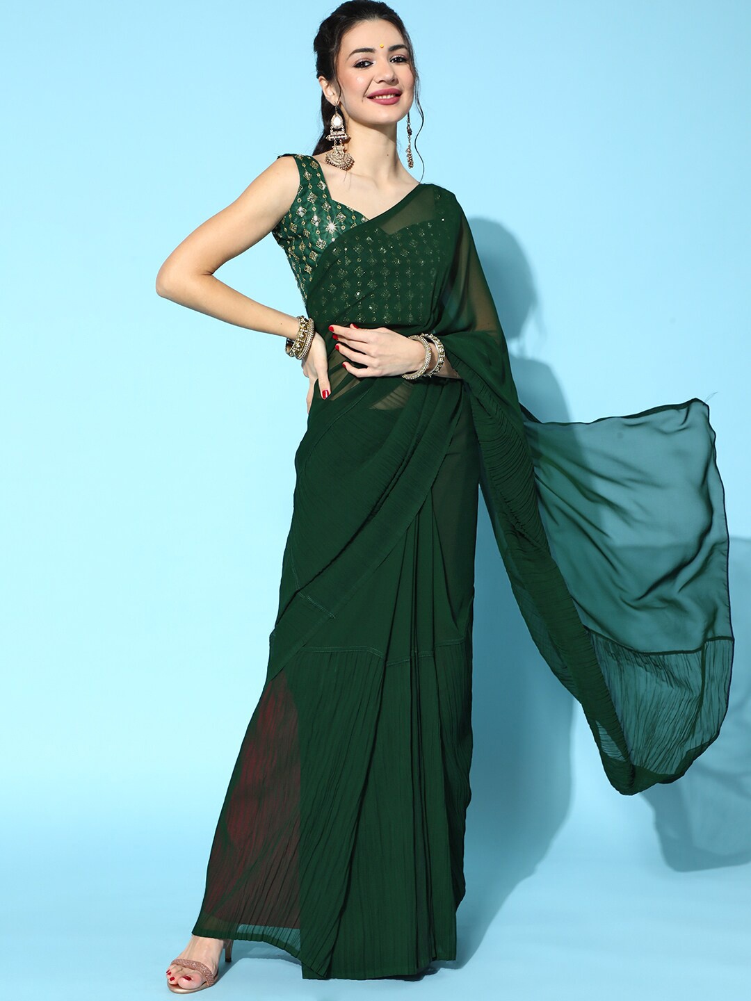 

Saree mall Poly Georgette Saree With Sequinned Blouse, Green