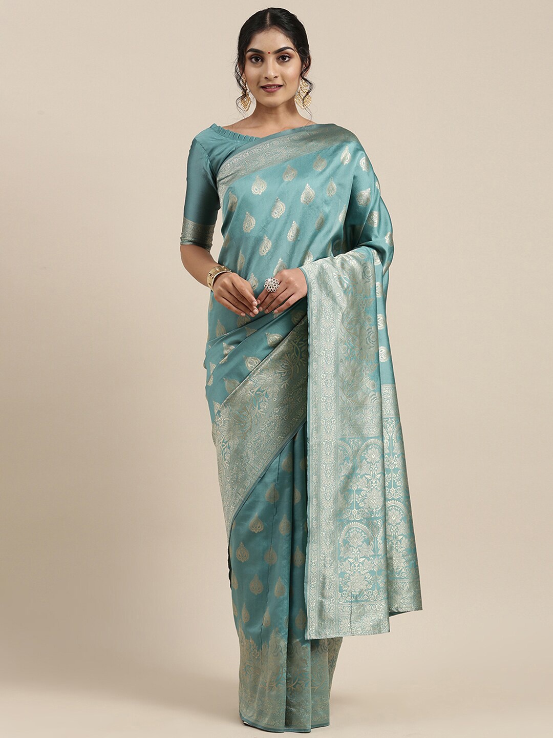 

Saree mall Ethnic Motifs Woven Design Zari Banarasi Sarees, Teal