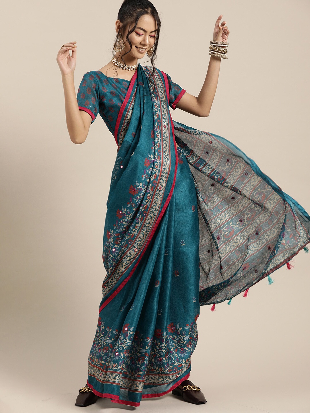 

Saree mall Floral Woven Design Jute Silk Banarasi Sarees, Teal