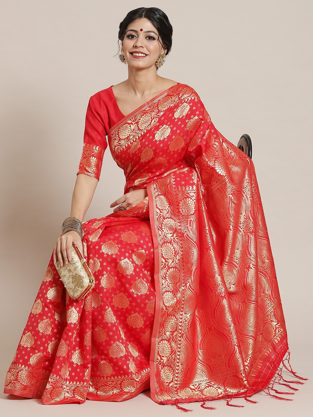 

Saree mall Ethnic Motifs Woven Design Zari Banarasi Sarees, Red