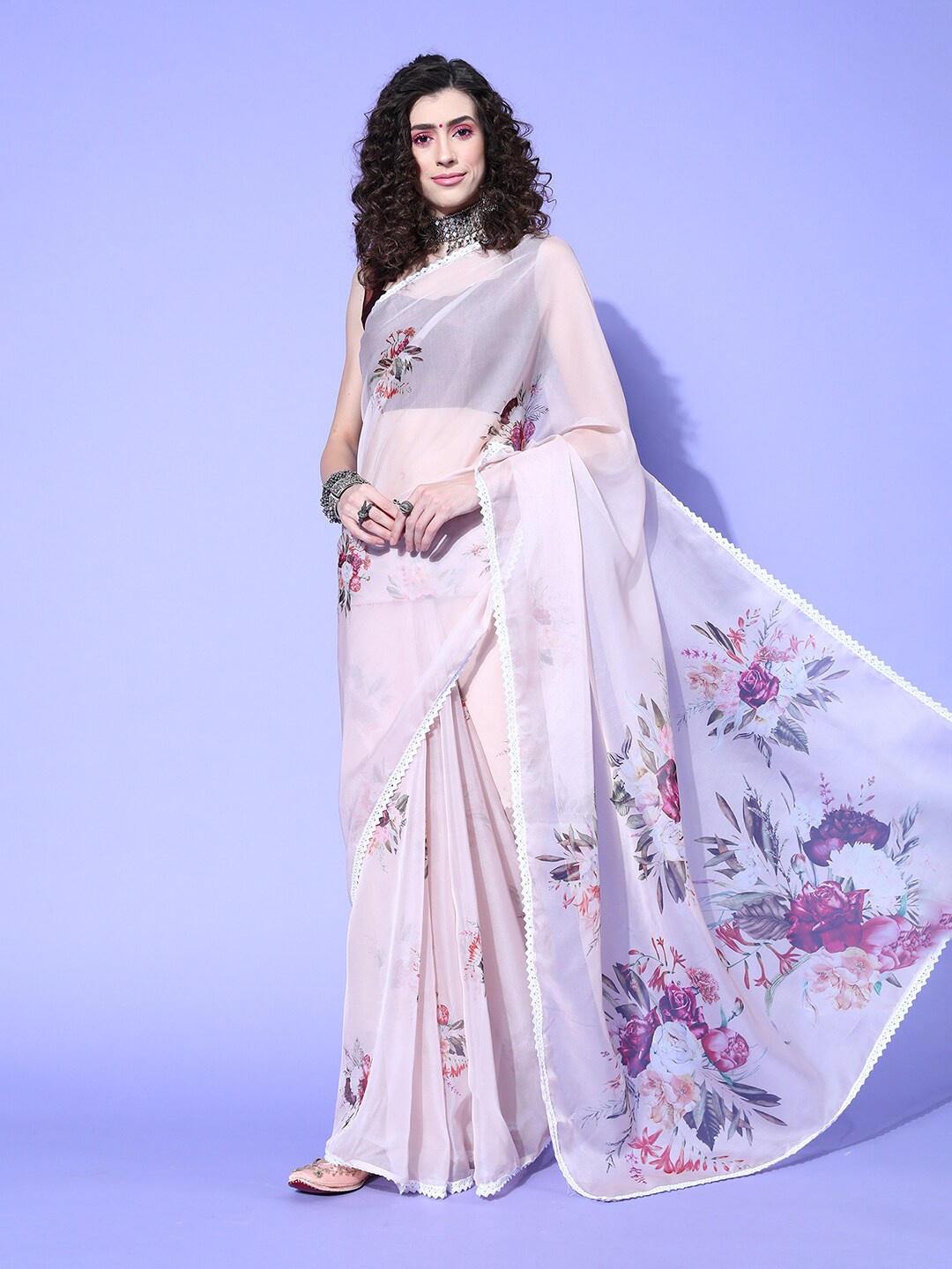 

Saree mall Floral Printed Organza Sarees, Beige