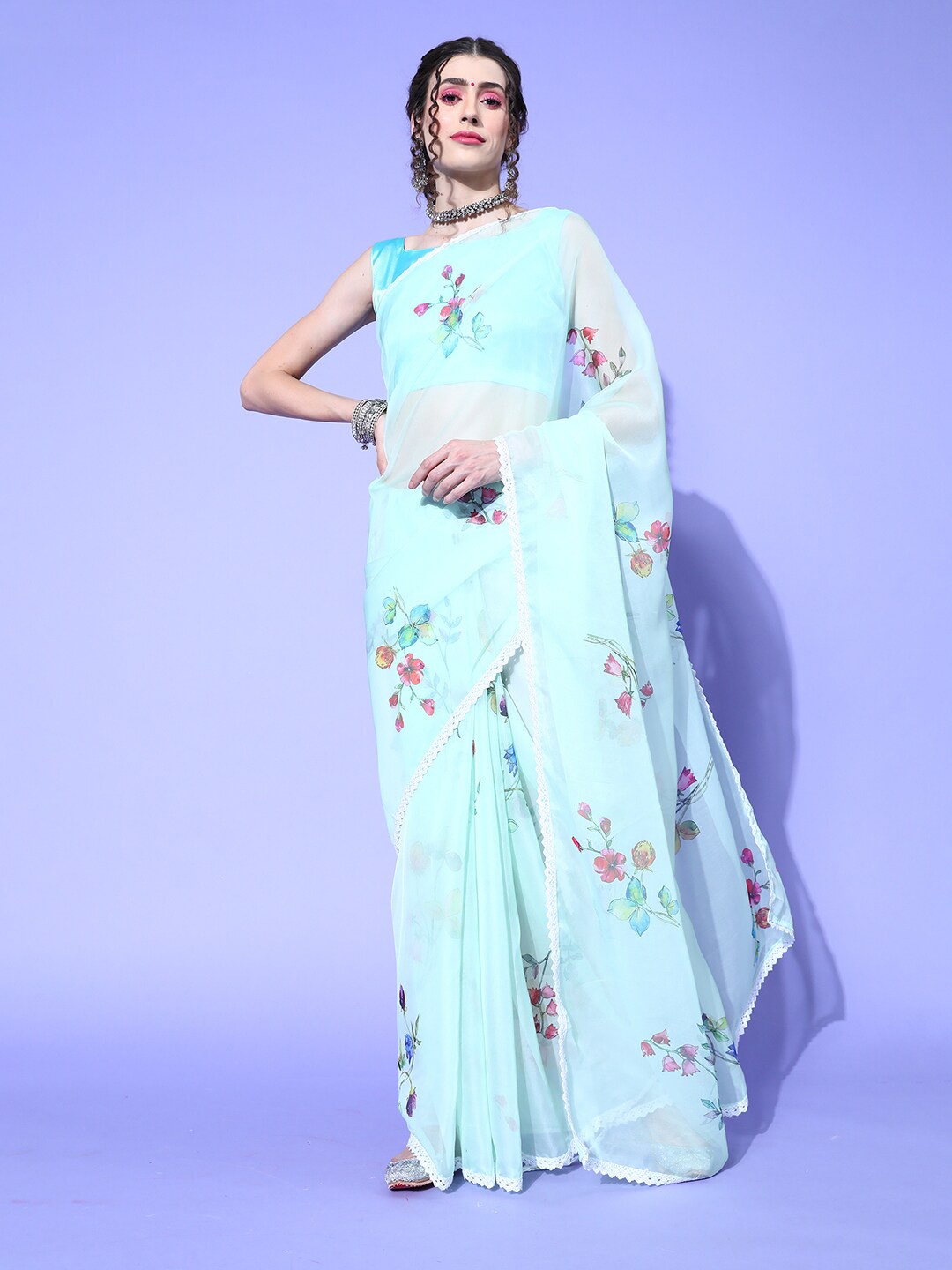 

Saree mall Floral Printed Organza Sarees, Blue
