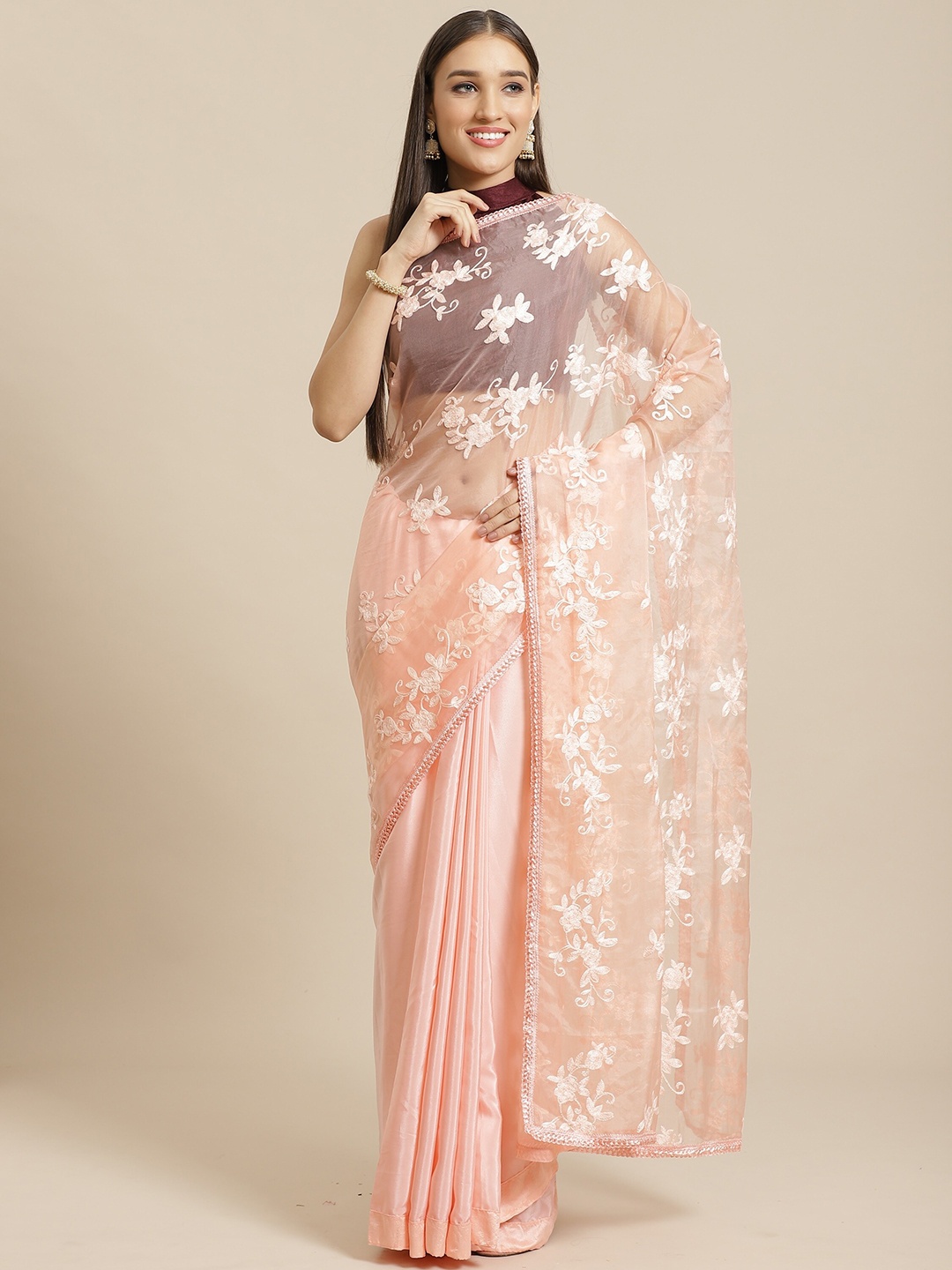 

Saree mall Floral embroidered Zari Organza Sarees, Peach