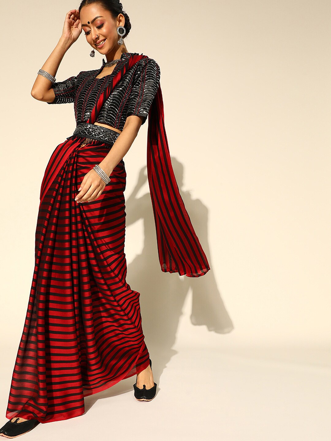 

Saree mall Striped Poly Georgette Sarees, Red