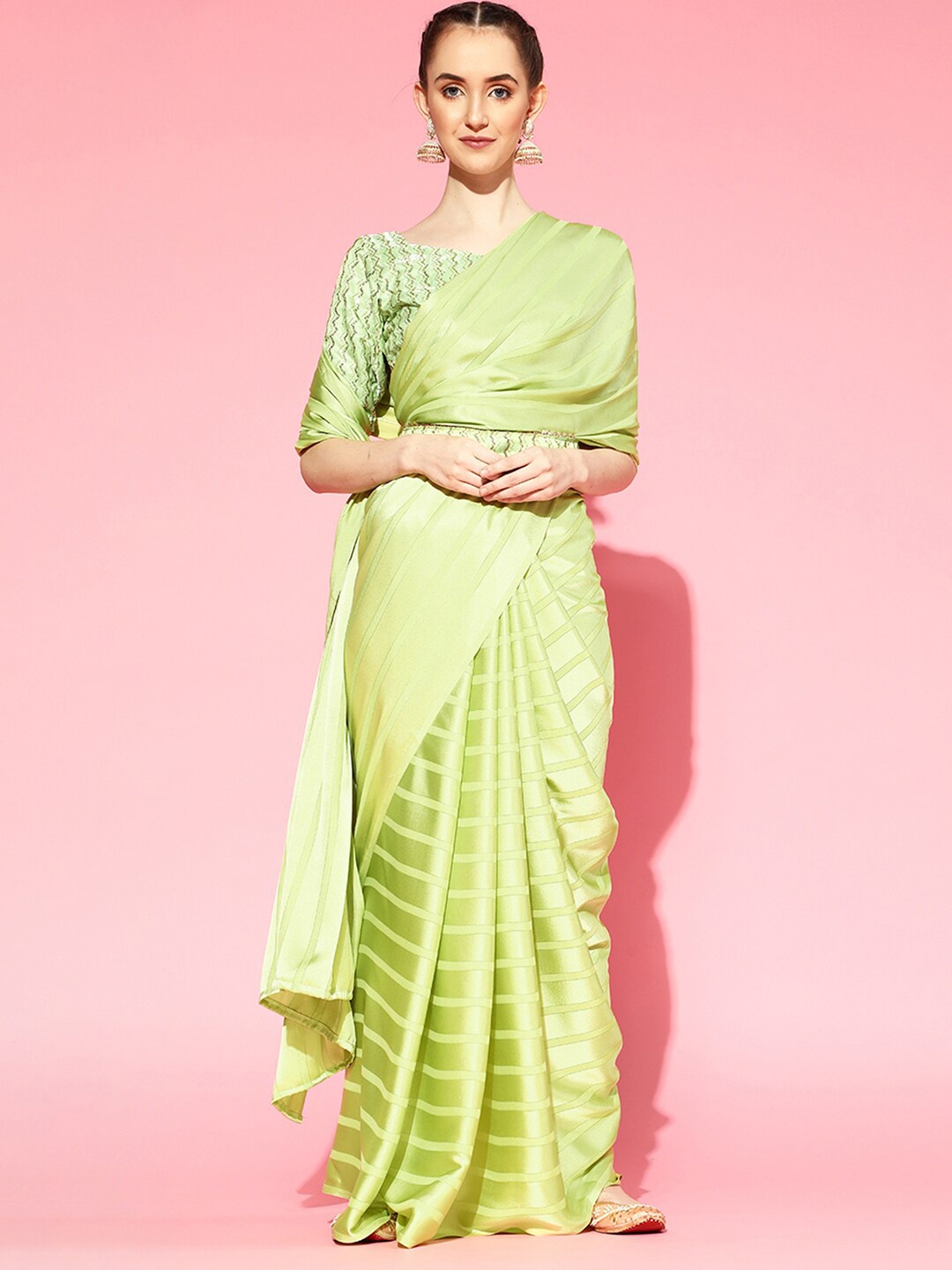 

Saree mall Striped Satin Sarees, Green