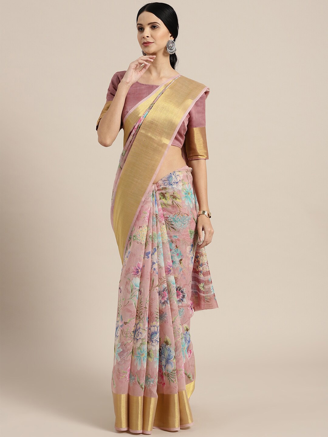 

Saree mall Floral Printed Zari Sarees, Mauve