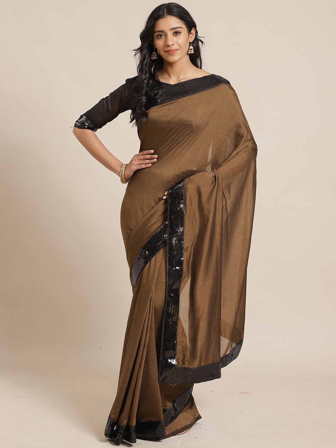 

Saree mall Embellished Sequinned border Saree, Brown