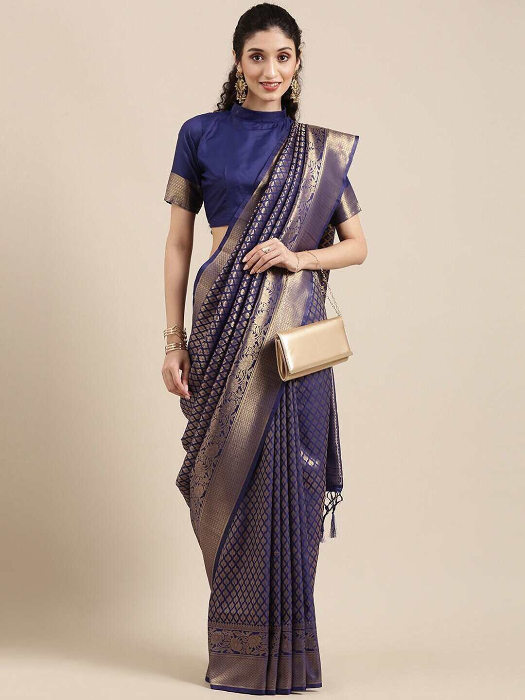 

Saree mall Ethnic Motif Woven Design Zari Banarasi Sarees, Navy blue