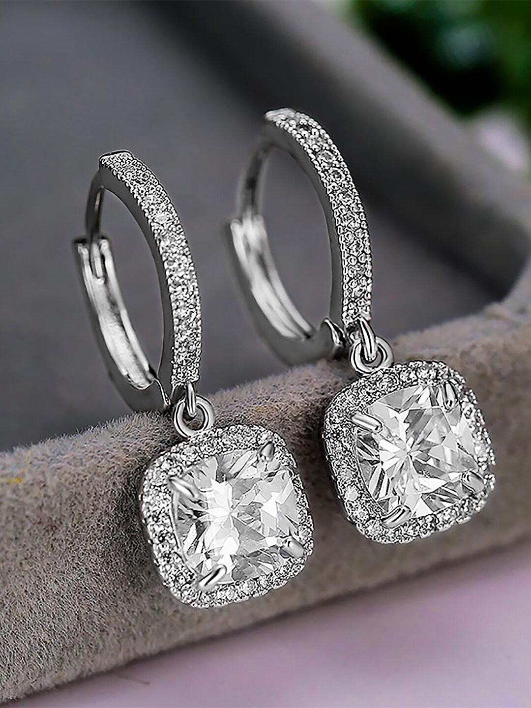

Peora Silver Plated AD Studded Contemporary Hoop Drop Earrings