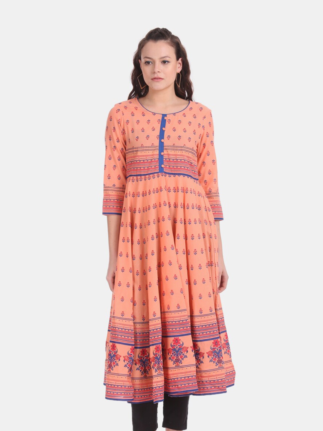 

V-Mart Ethnic Motifs Printed Pure Cotton Anarkali Kurta, Orange