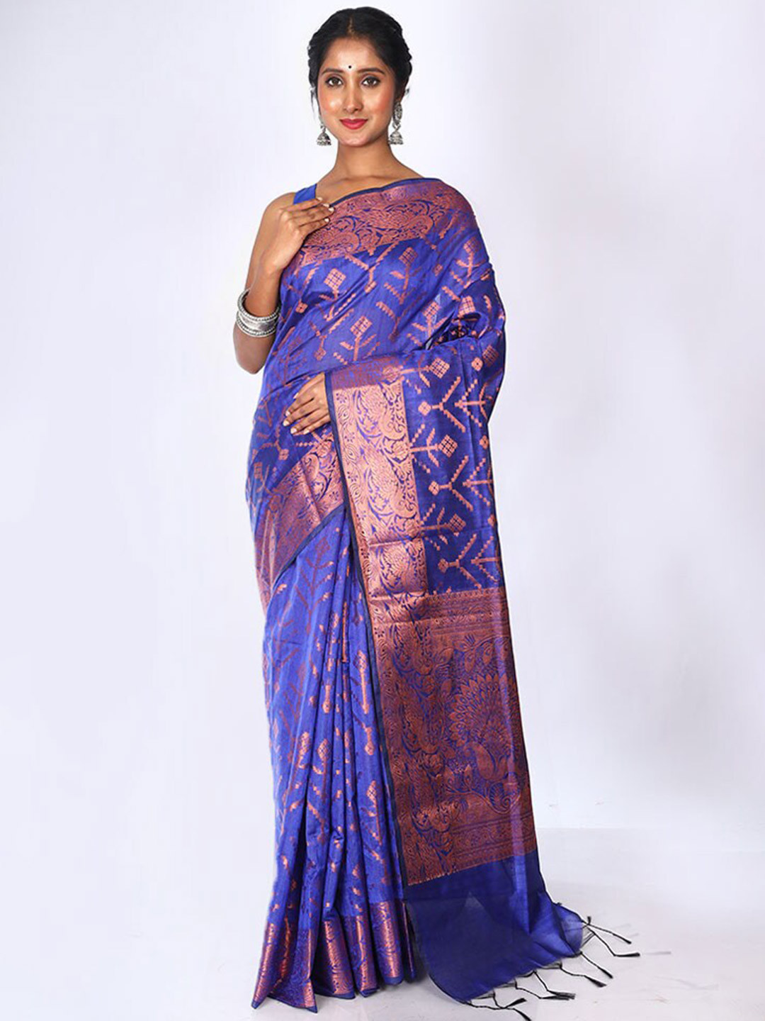 

AllSilks Geometric Motif Woven Design Zari Kota Saree, Blue