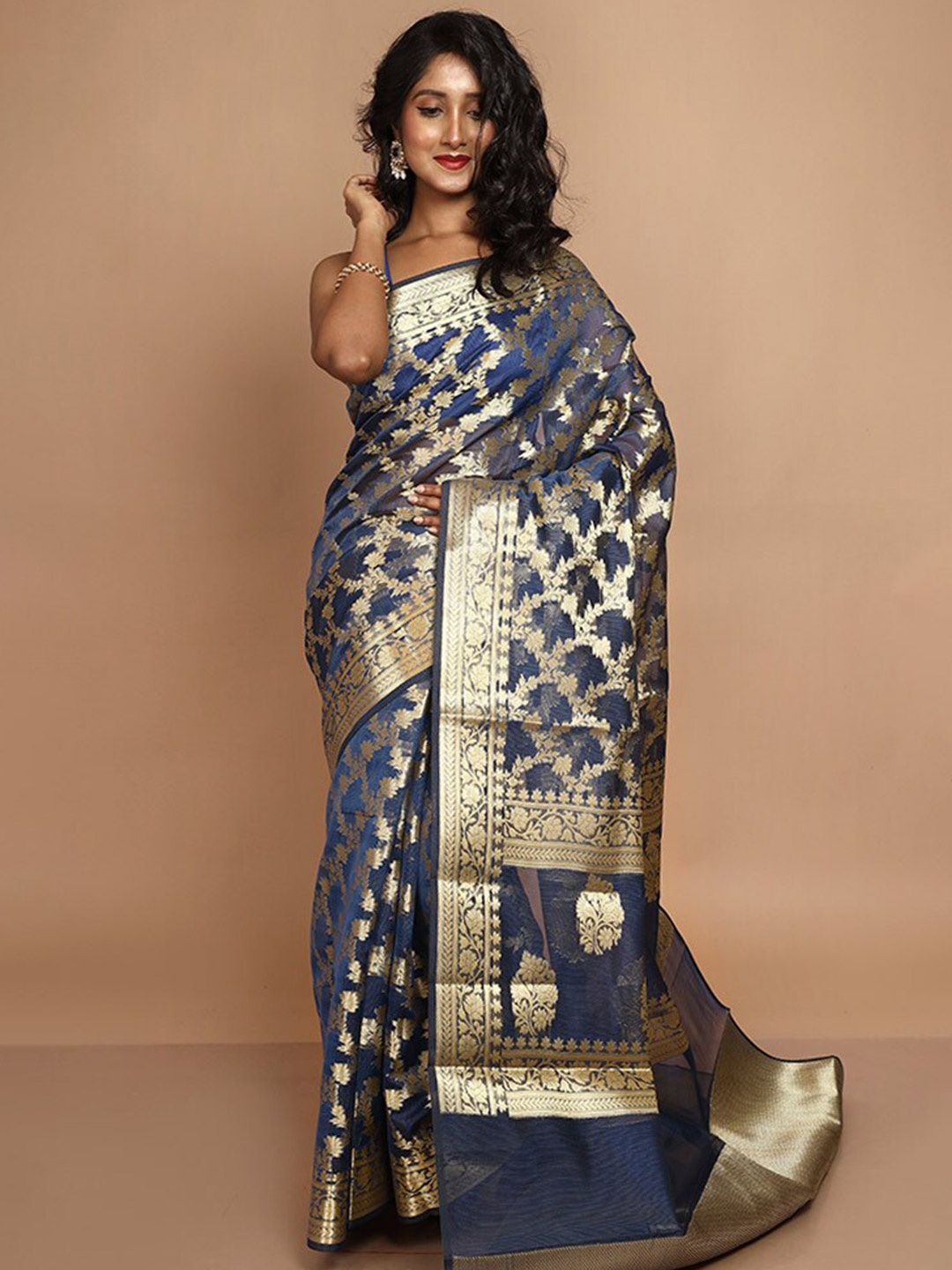 

AllSilks Floral Motif Woven Design Zari Kota Saree, Blue